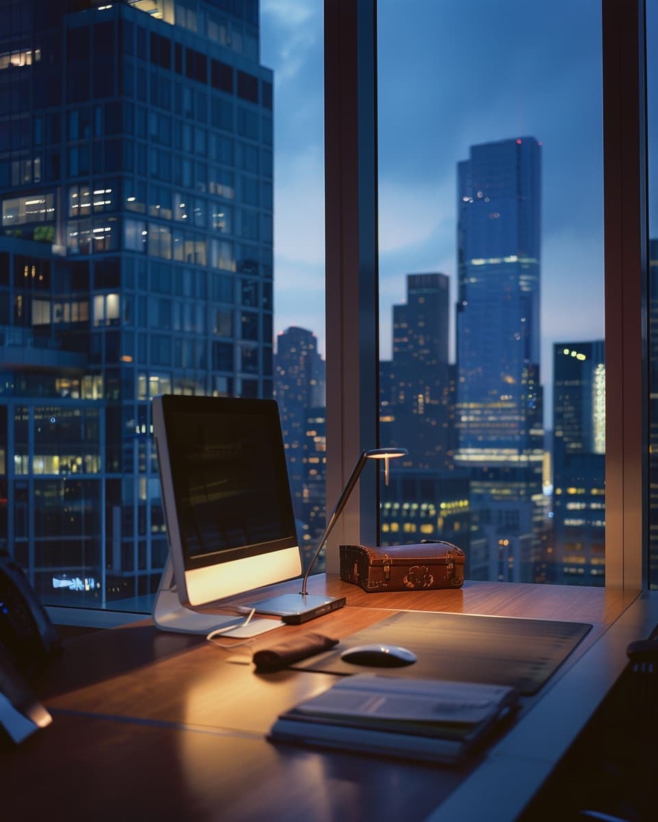 Empty modern sales floor at blue hour with a single monitor glowing and a leather notebook open beside it