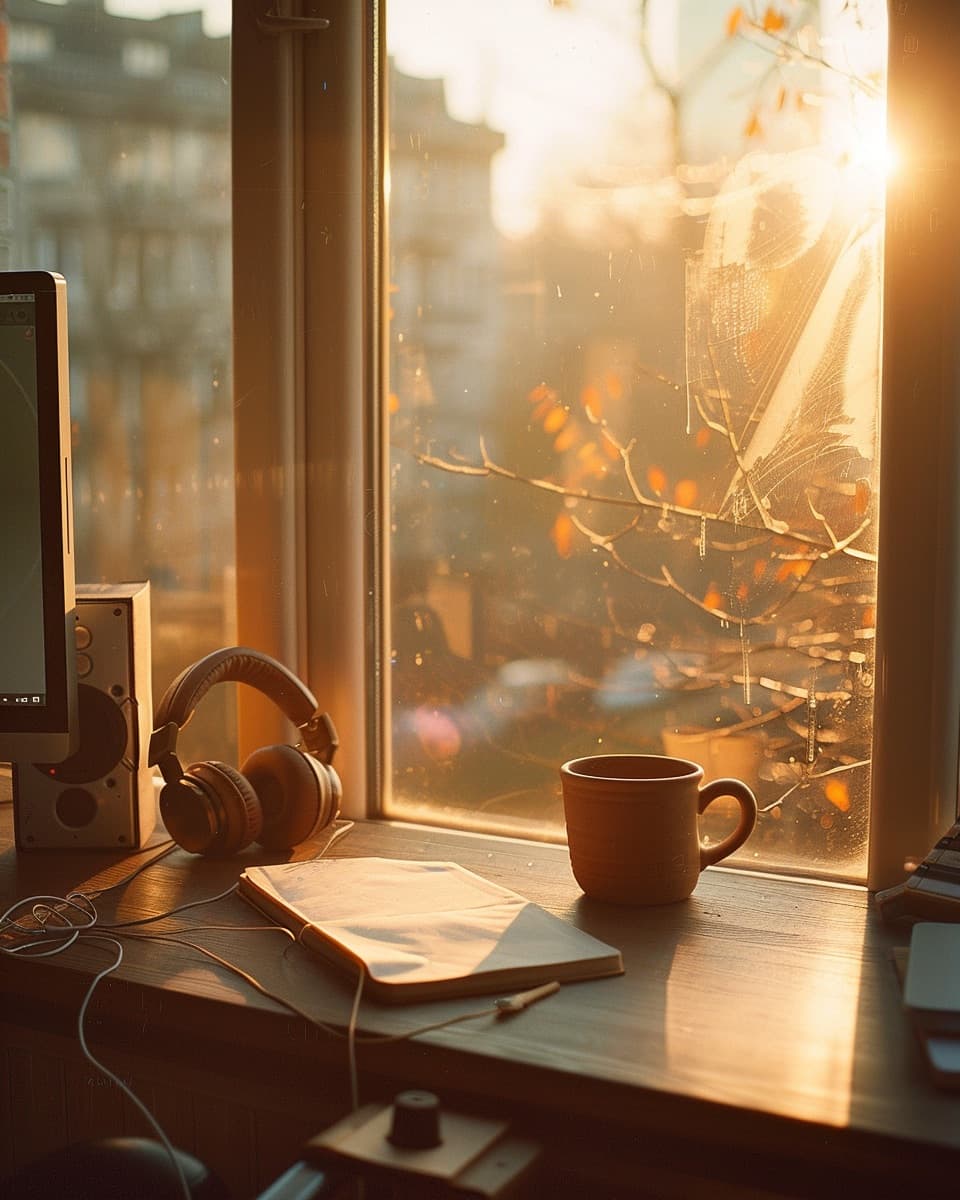 Quiet support desk at golden hour with headphones resting on a linen-bound notebook and a single warm monitor