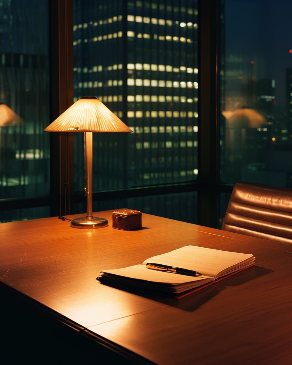 Operations room at dusk with a long oak table, a single warm desk lamp, and a hand-bound logbook open under it