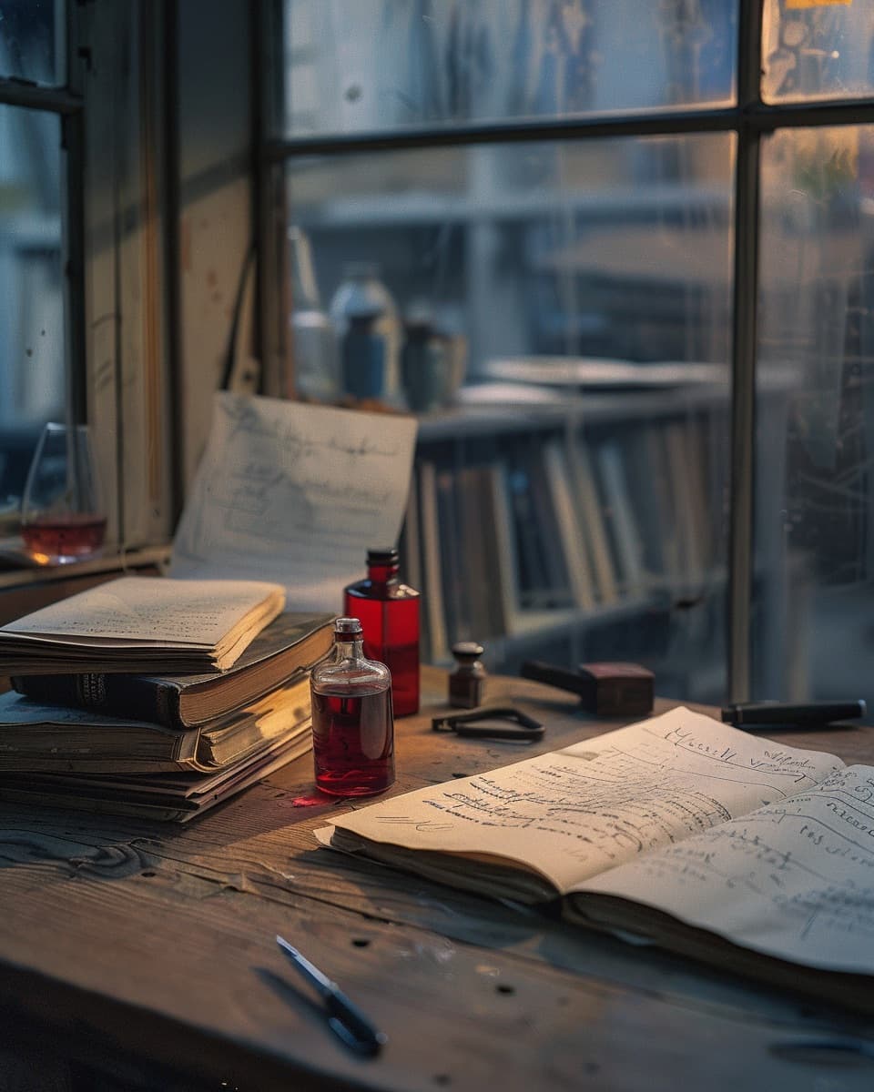 A proofing desk in a glass-walled studio at dusk with marked-up page proofs and a fountain pen