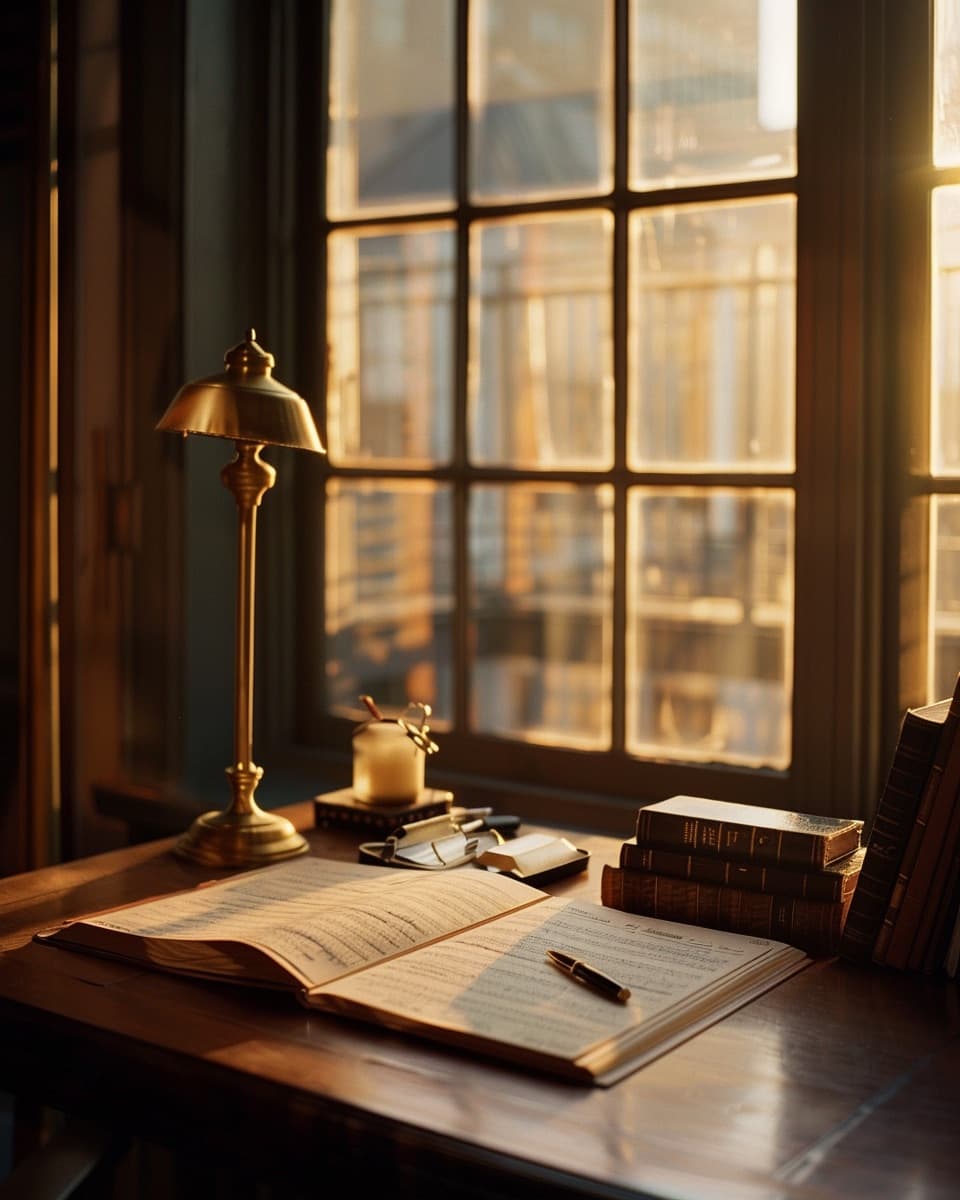 Quiet accounting office at golden hour with a brass desk lamp, a leather ledger, and a single fountain pen