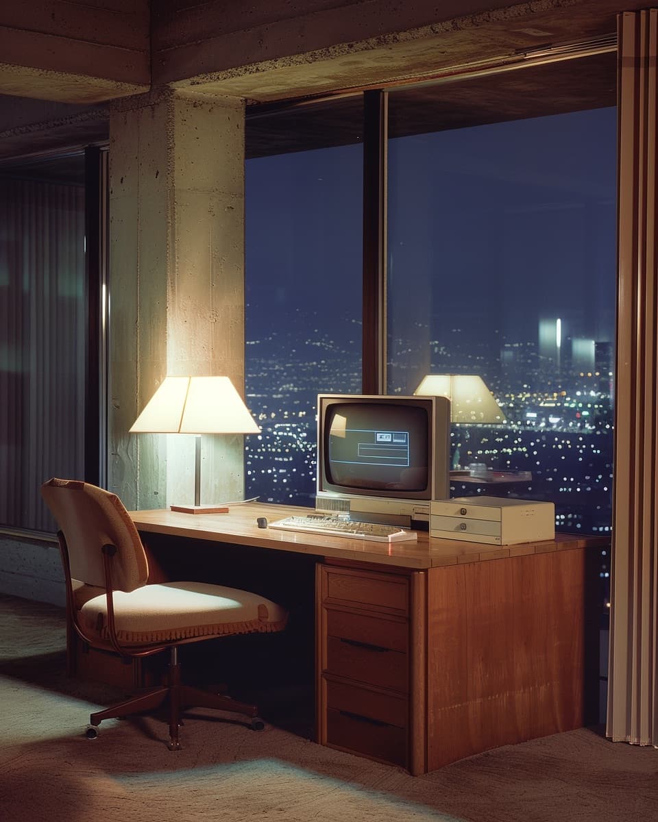 Modernist office at twilight with one monitor glowing on a long oak desk and a single linen chair pulled close