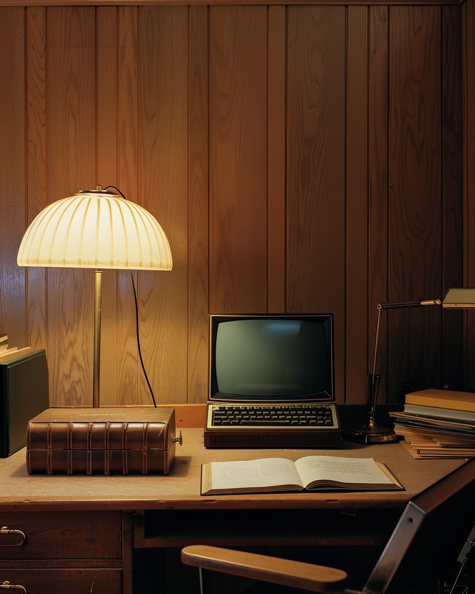Warm-lit operations room at dusk with a single monitor glowing on a walnut desk and a hand-bound logbook open beside it