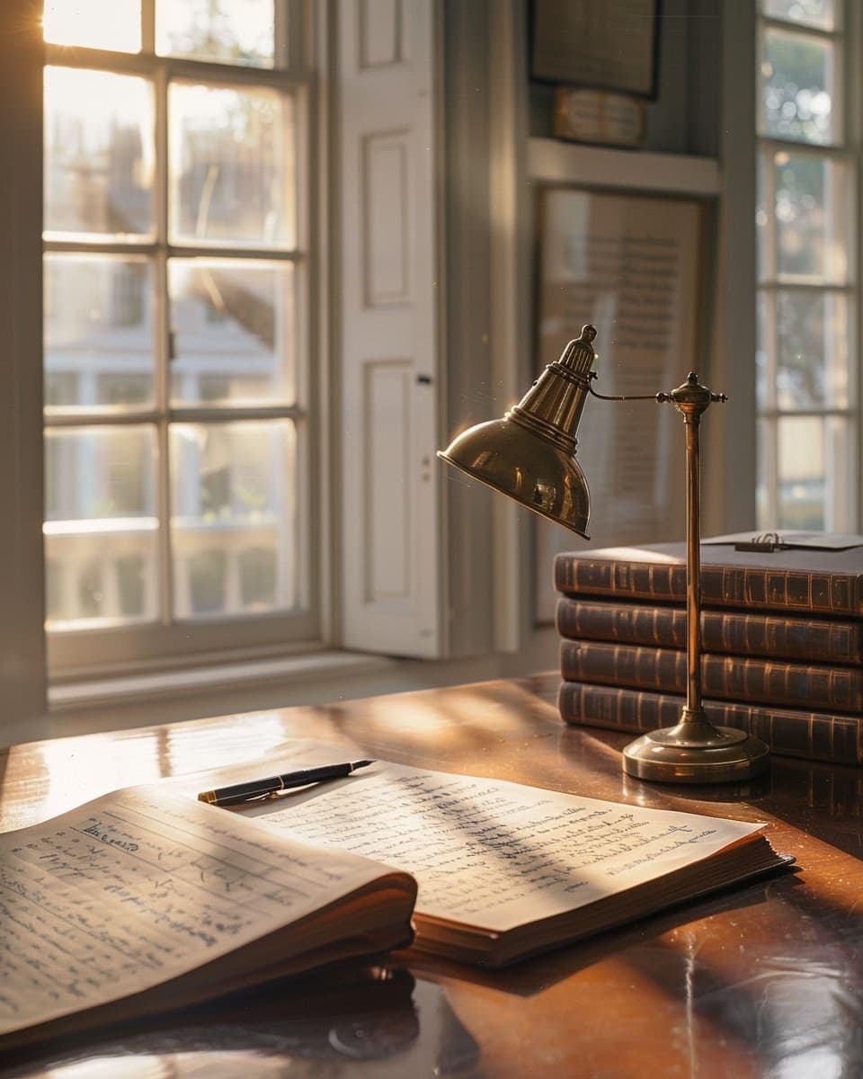 Quiet accounting office at golden hour with a brass desk lamp, a leather ledger, and a single fountain pen