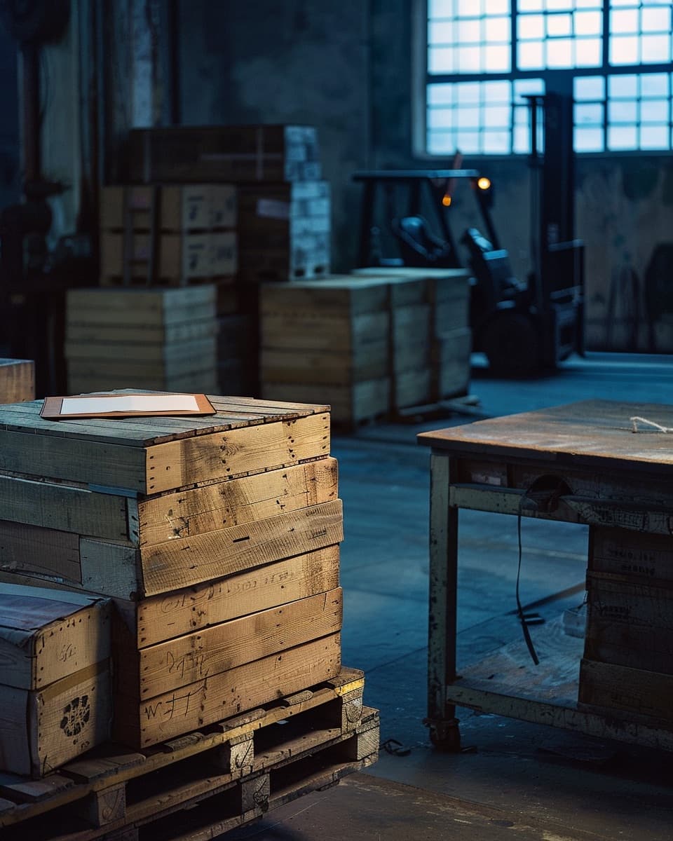 Shipping bay at blue hour with stacked unbranded crates, a clipboard on a workbench, and a forklift in soft focus