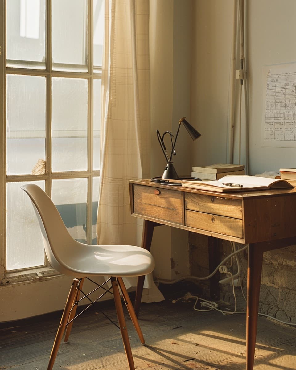 Sunlit medical office at dawn with a single Eames chair, a linen-bound clinical ledger, and a stethoscope on the desk
