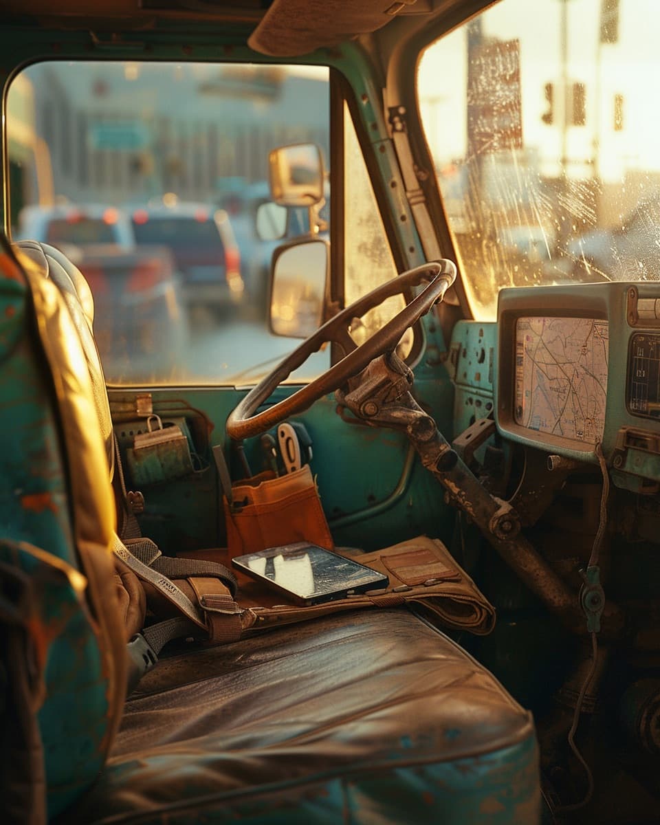 Worn leather tool belt and a tablet on the bench seat of a service truck at golden hour, city map clipped to the visor