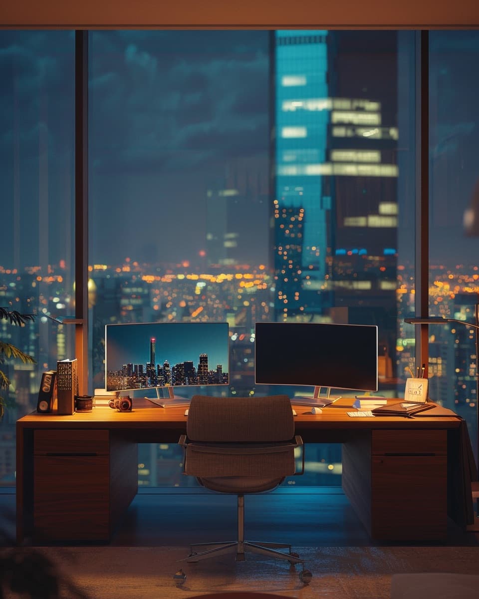 Modernist office at twilight with two monitors glowing on a long oak desk and a single linen chair pulled close