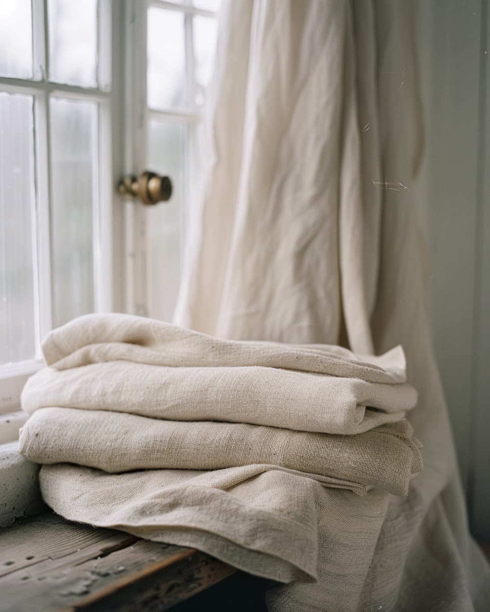 Folded cashmere on oak bench with soft north light