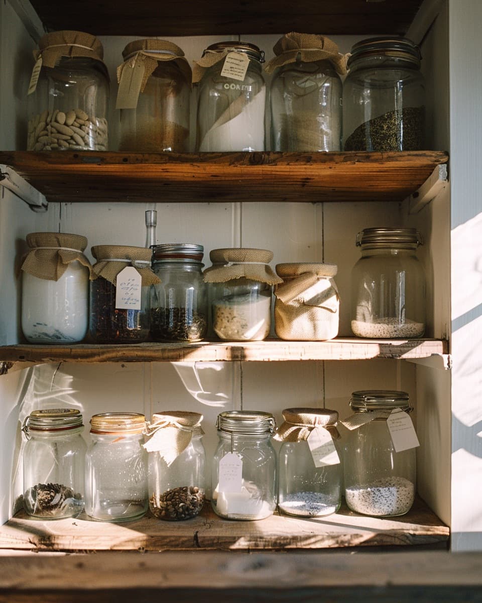 Unbranded glass jars on a warm wood pantry shelf