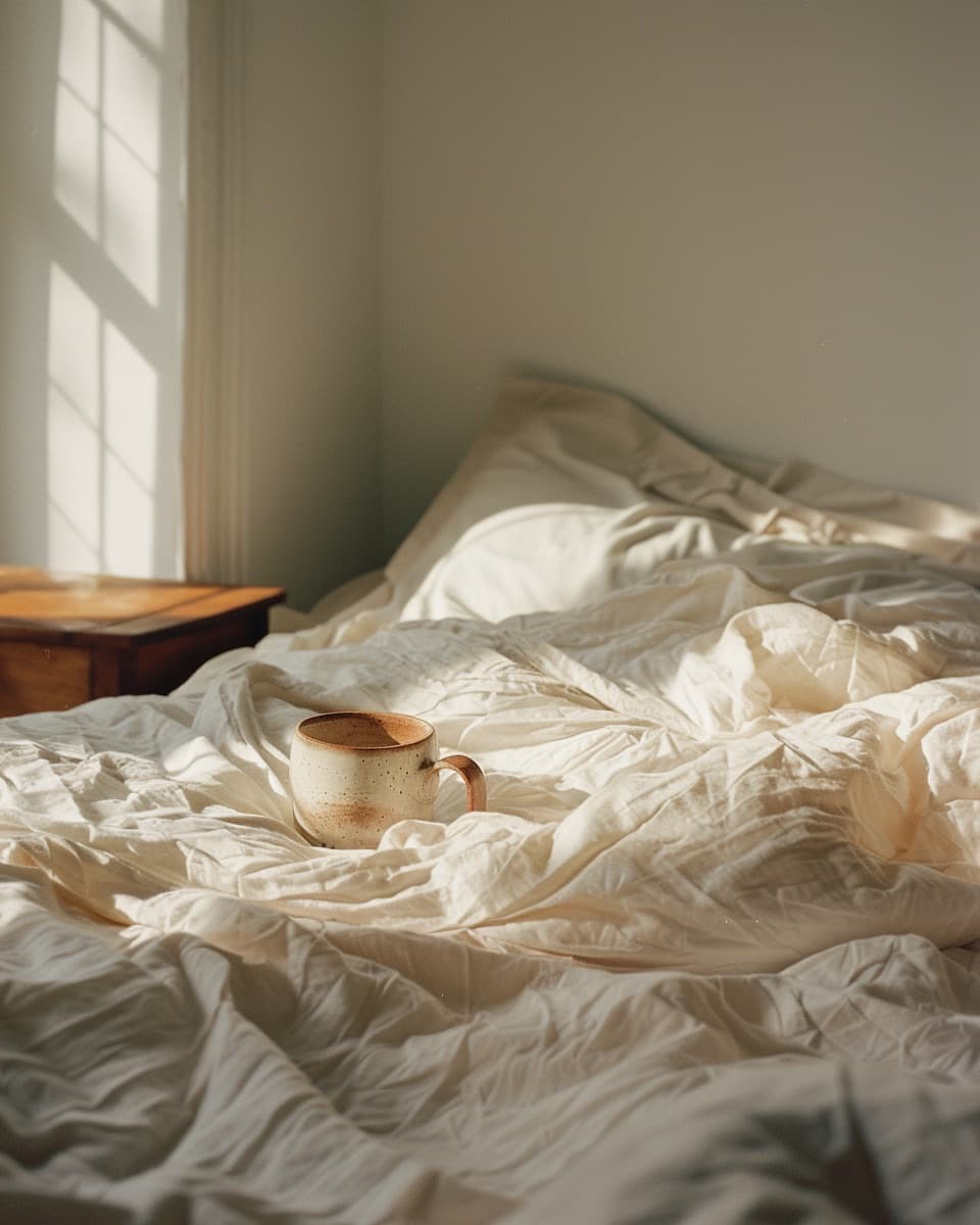 Unmade bed with crumpled linen sheets at morning light