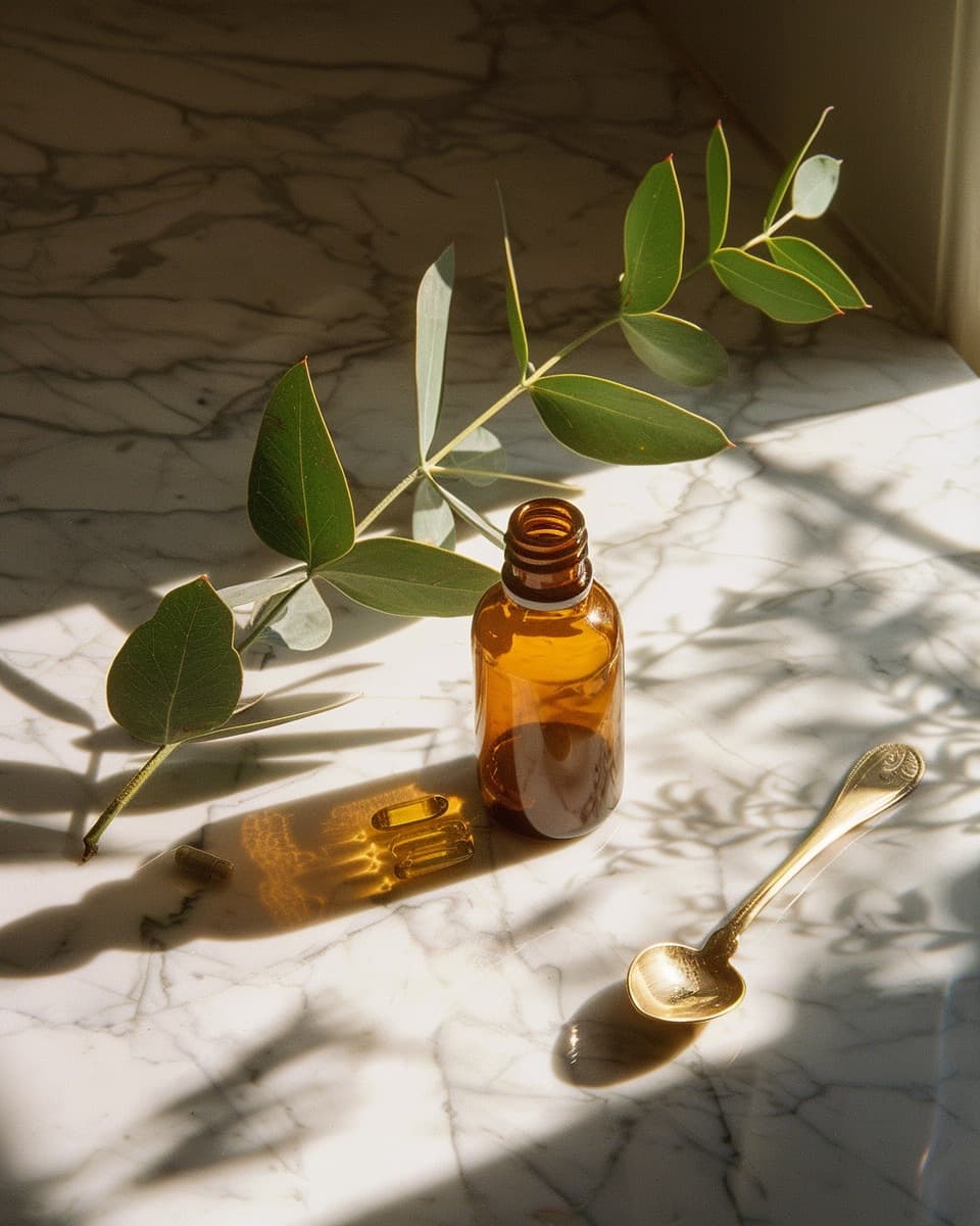 Amber glass supplement bottles on marble with eucalyptus