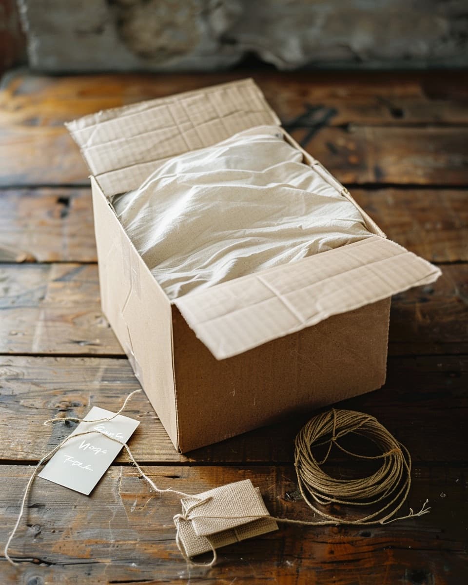 Craft cardboard box half-opened with tissue paper on oak table