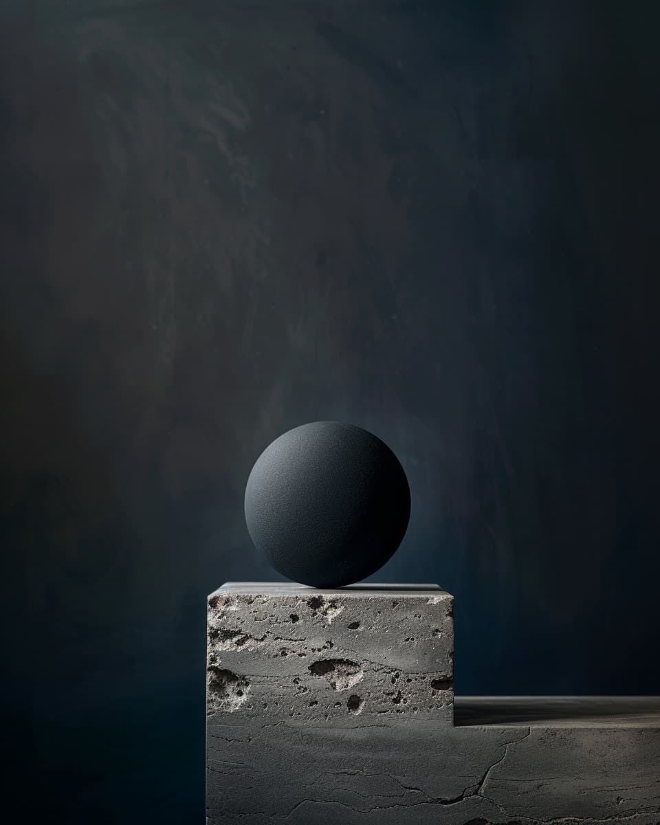 Matte black unbranded product on travertine pedestal under directional light