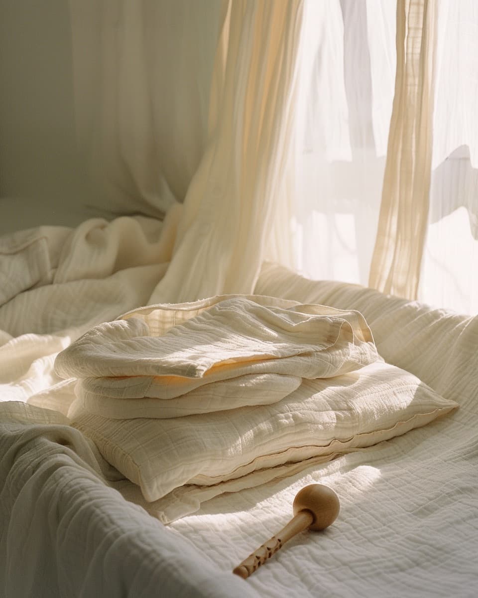 Soft organic cotton onesie folded on a linen bassinet at dawn