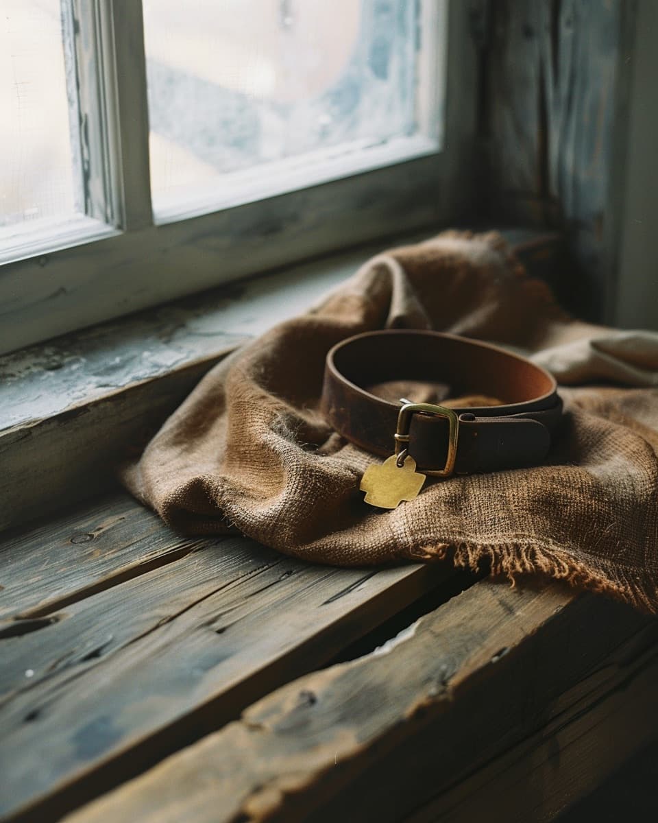 Leather collar and brass tag on weathered wood bench at golden hour