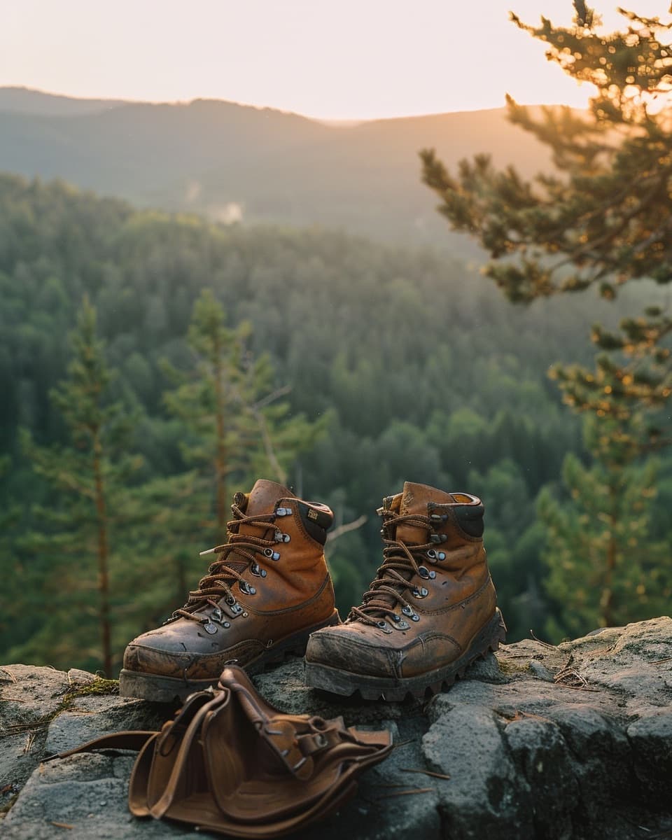 Weathered hiking boots on stone ledge overlooking pine treeline