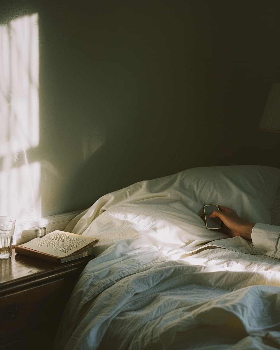 Dawn light through a bedroom window, a hand reaching for a phone on the bedside table