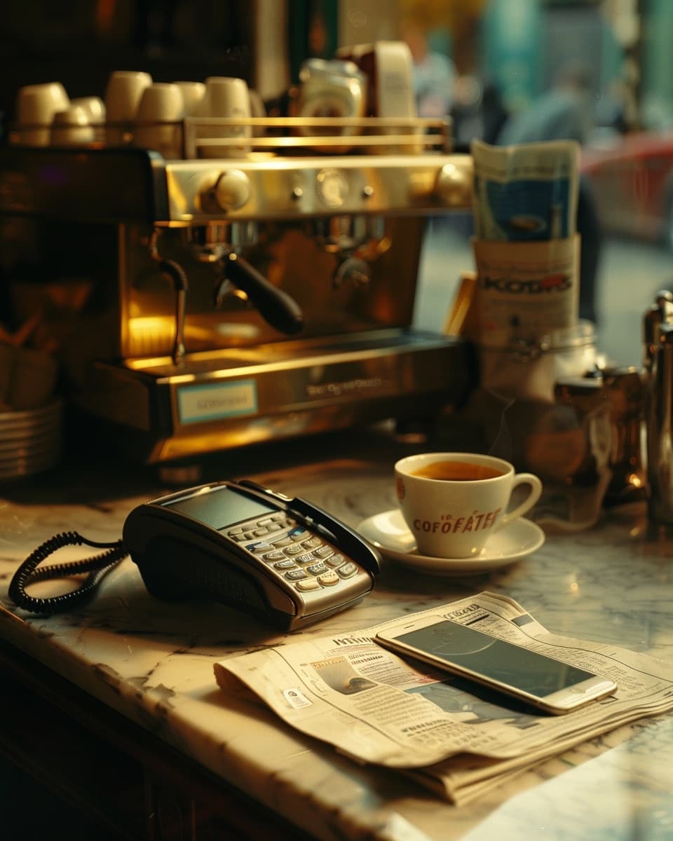 Close-up of a phone held at a café counter, payment terminal softly out of focus behind it