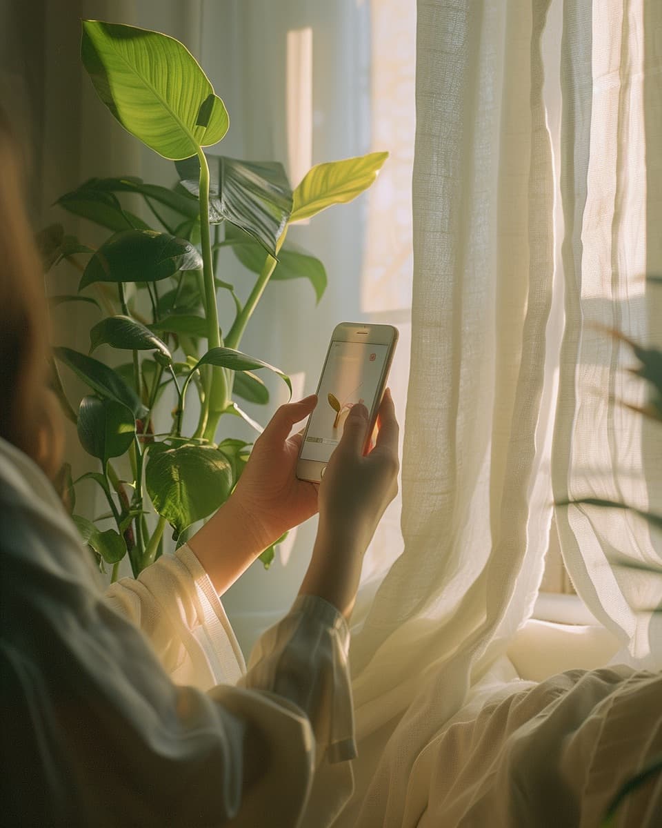 Hands holding a phone vertically mid-gesture, shallow depth of field, warm late-afternoon window light