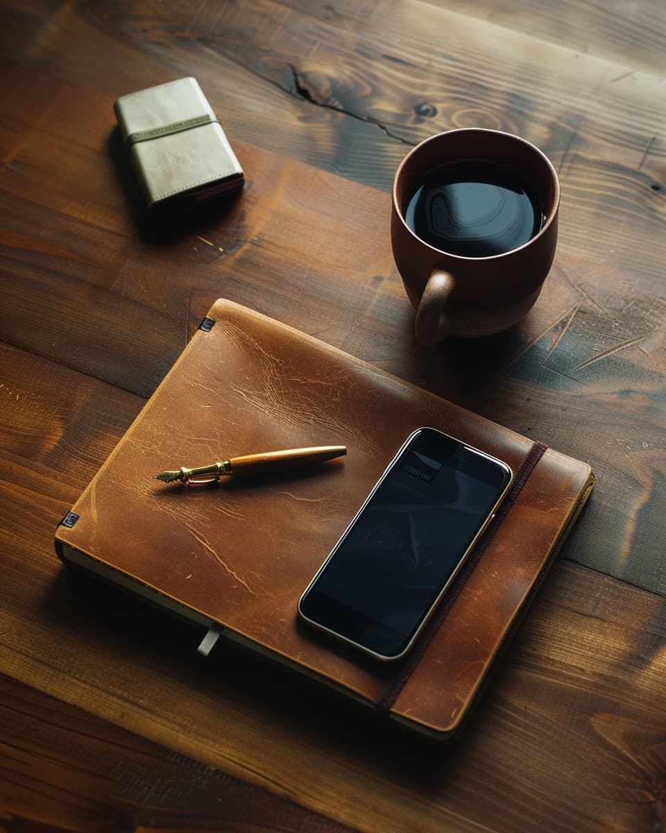 Overhead of a quiet desk, phone beside a leather notebook, a single-purpose task visible on the screen