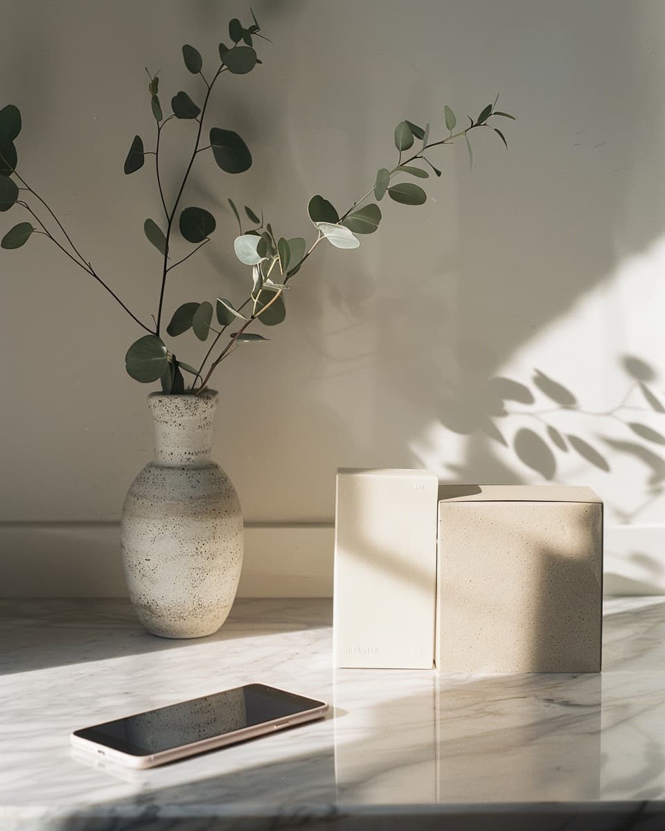 Unbranded premium packaging on a kitchen counter, phone tilted against it showing a reorder tap