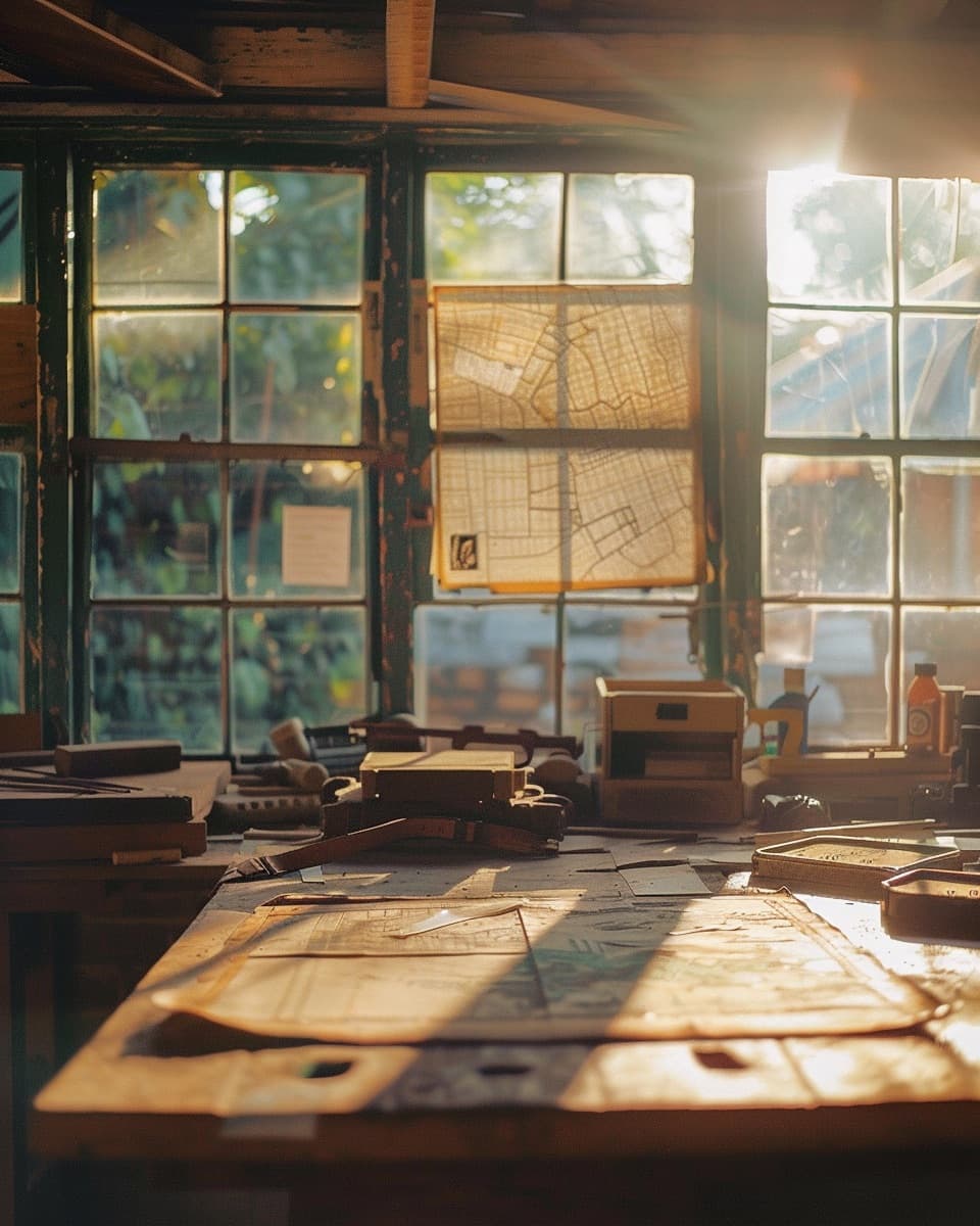 Worn leather tool belt on a workbench at golden hour with a hand-lettered city map pinned above