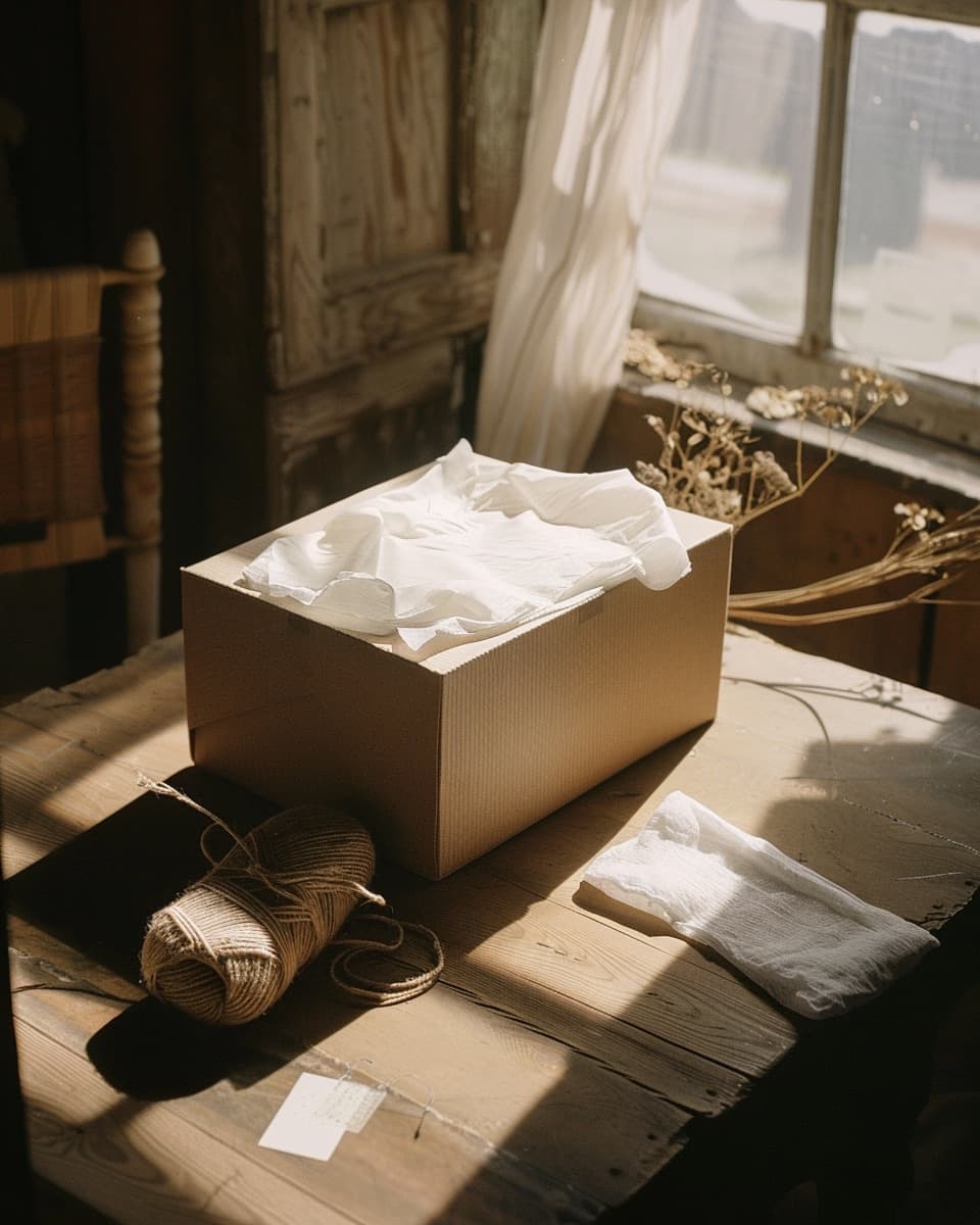 Unboxed linen-wrapped product on a walnut counter beside a brass spool of twine and a stack of order cards