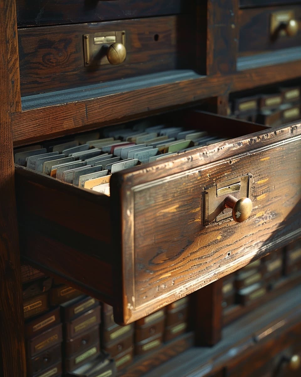 Aged card catalog drawer pulled open, brass handles glinting, rows of typewritten index cards in warm library light