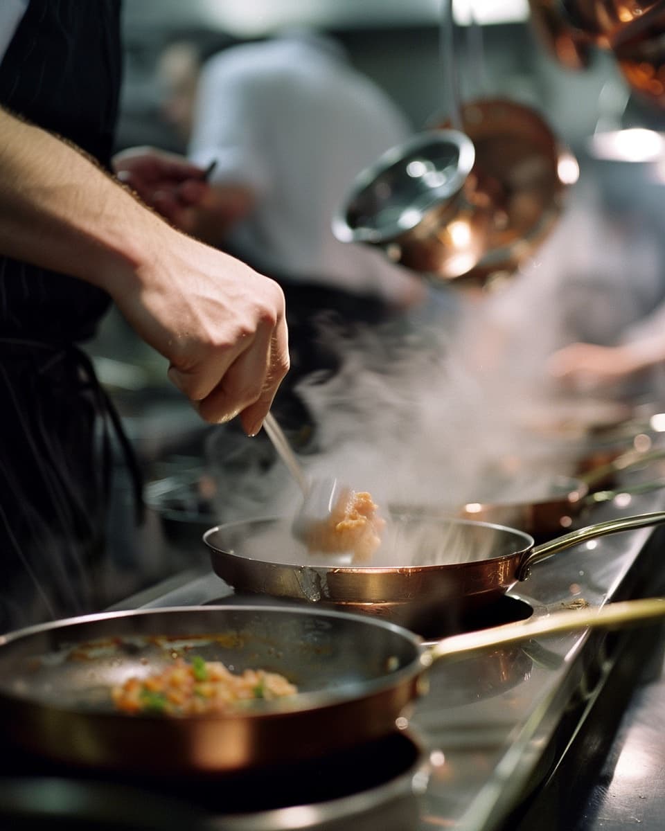 Chef plating in a warm restaurant kitchen