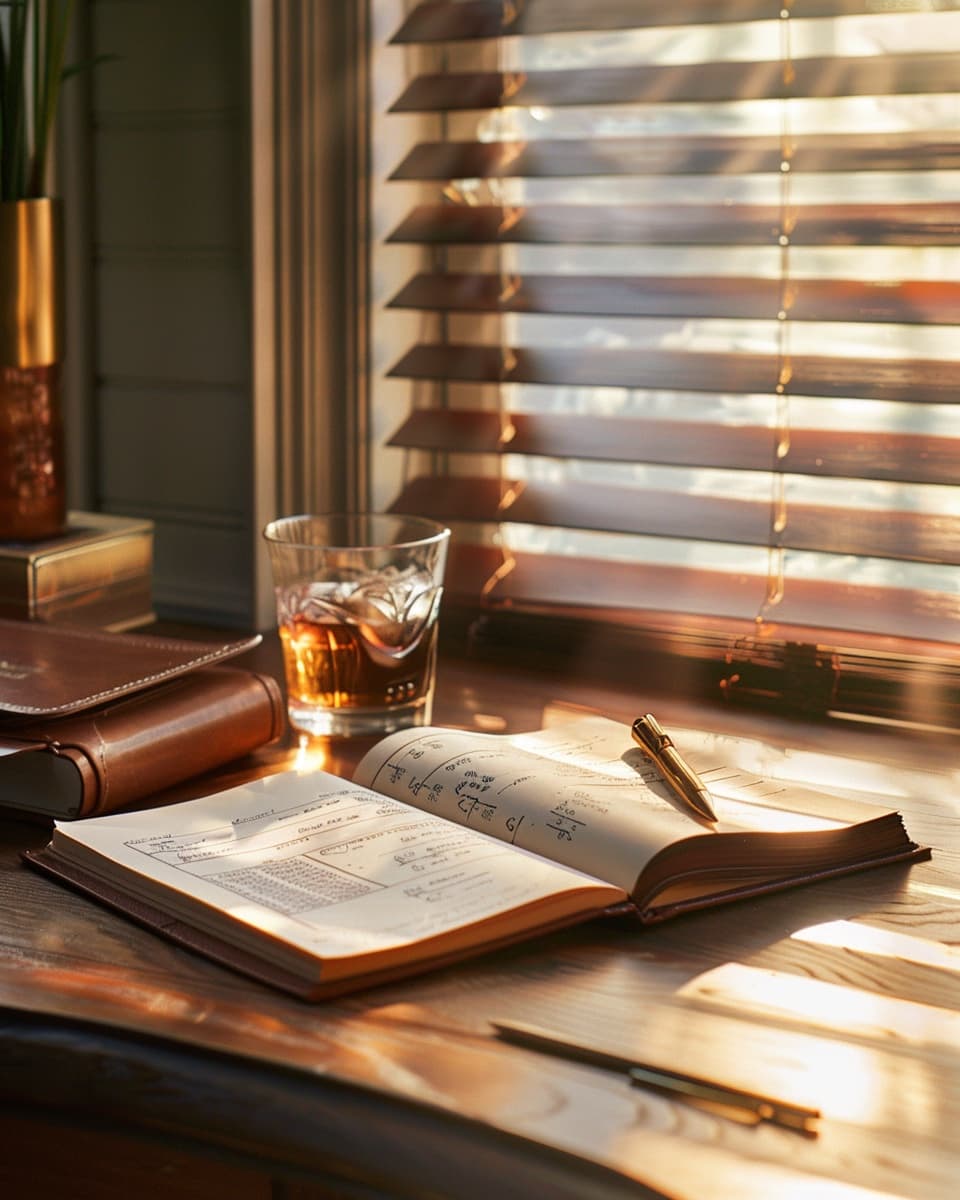 Vintage walnut desk with notebook and brass pen at golden hour