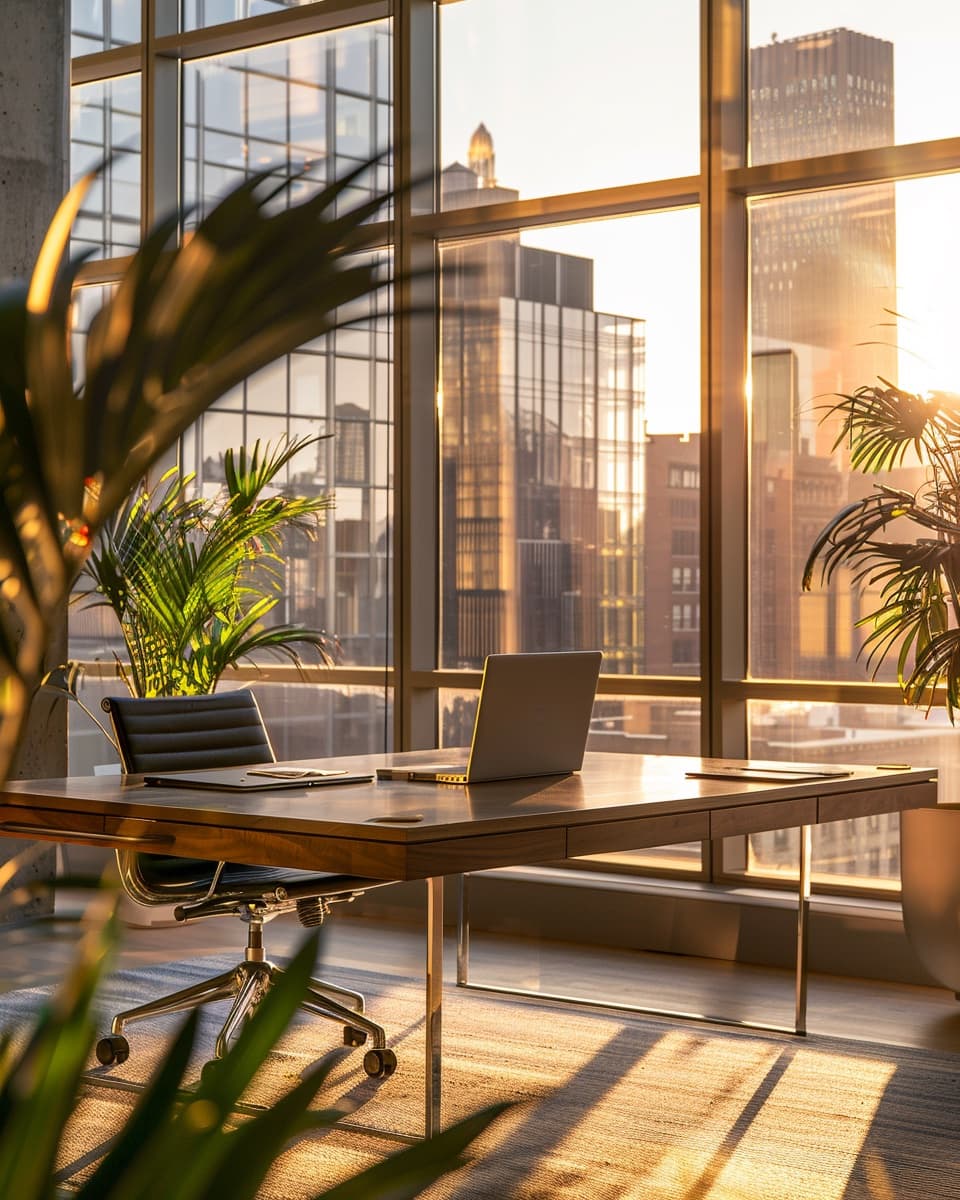 Empty modern office at golden hour with a single laptop on a walnut desk
