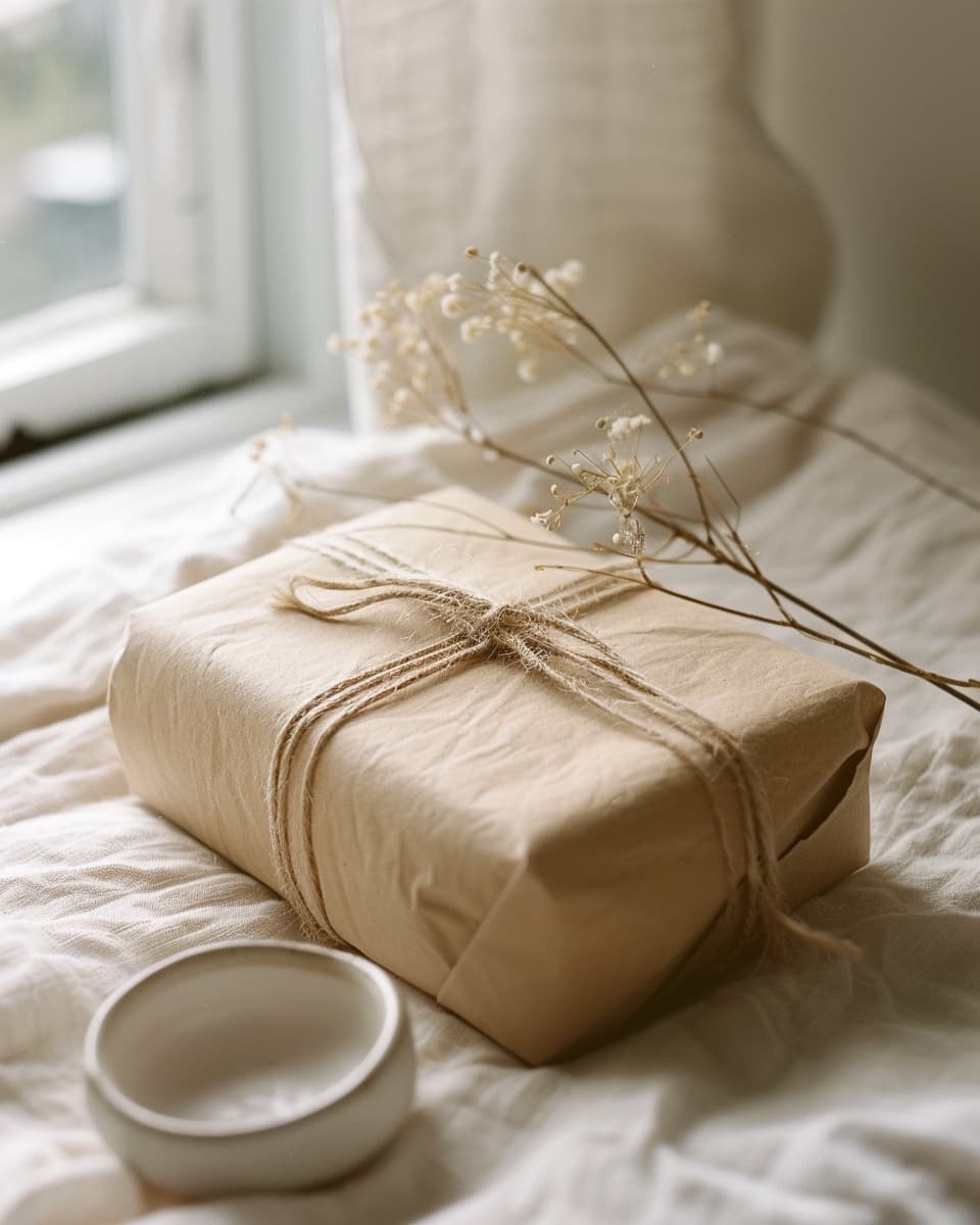 Beautifully packaged unbranded product on linen with soft north light