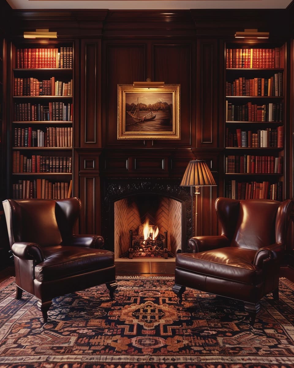 Private library at dusk with two leather wingback chairs by a fireplace