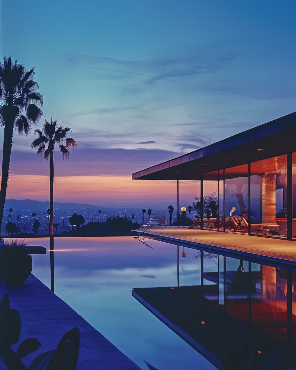 Modernist house at twilight with glowing windows and infinity pool