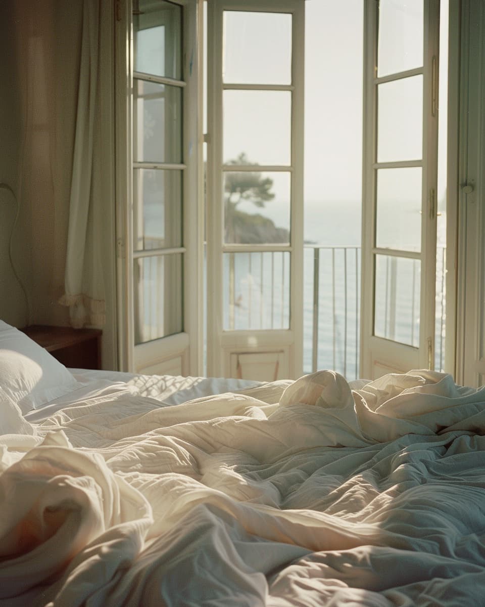 Unmade luxury hotel bed at dawn with French doors open to a balcony