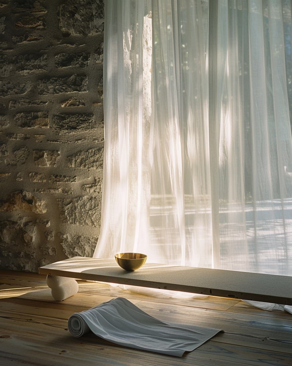 Sunlit physiotherapy studio at dawn with a single yoga mat and brass bowl