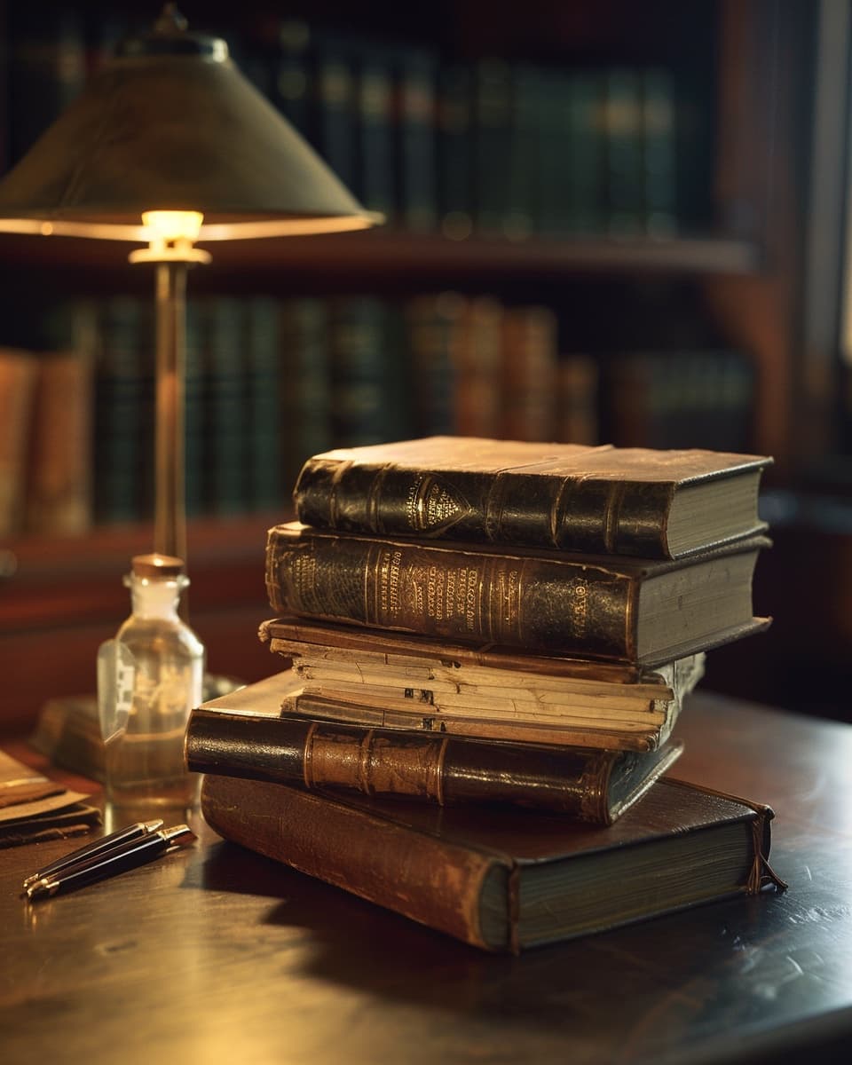 Stacked vintage books on a dark walnut desk under a brass lamp