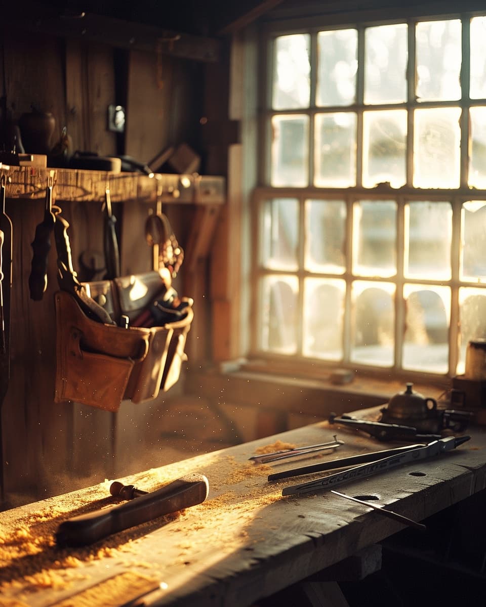 Craftsman's workshop at end of day with leather tool belt and golden window light