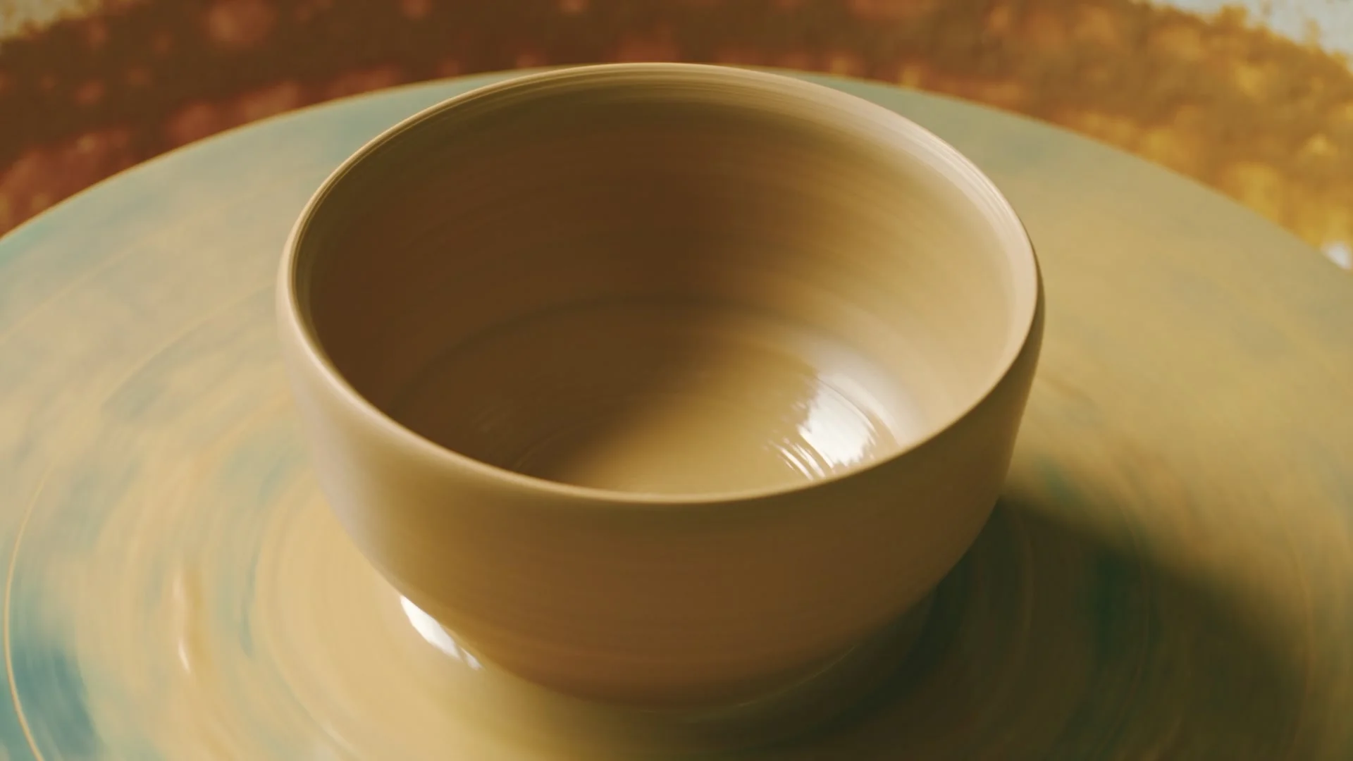 The concentric texture of a clay bowl on the wheel