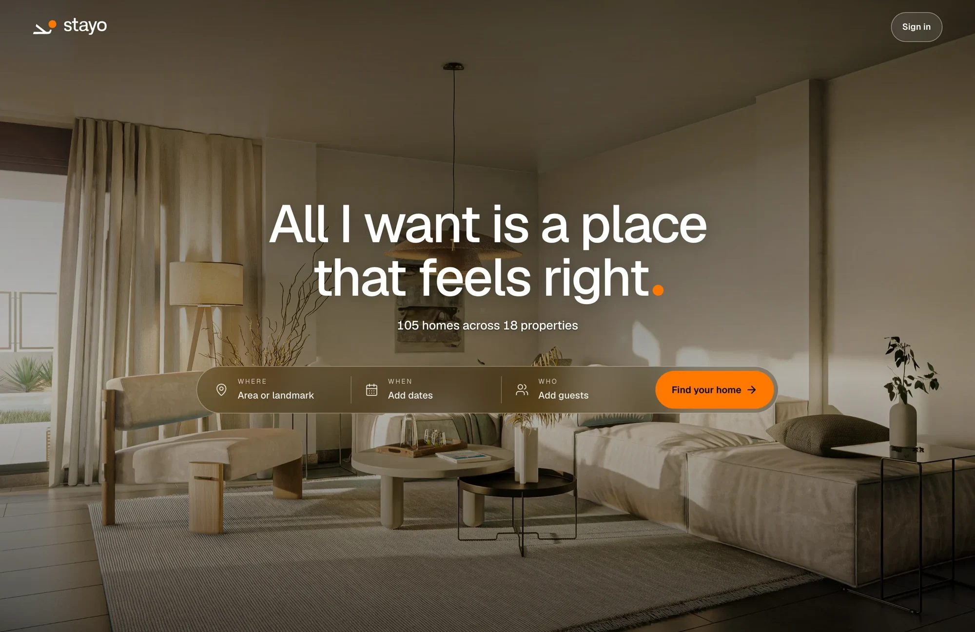 105 homes, booked on Stayo's own site screen