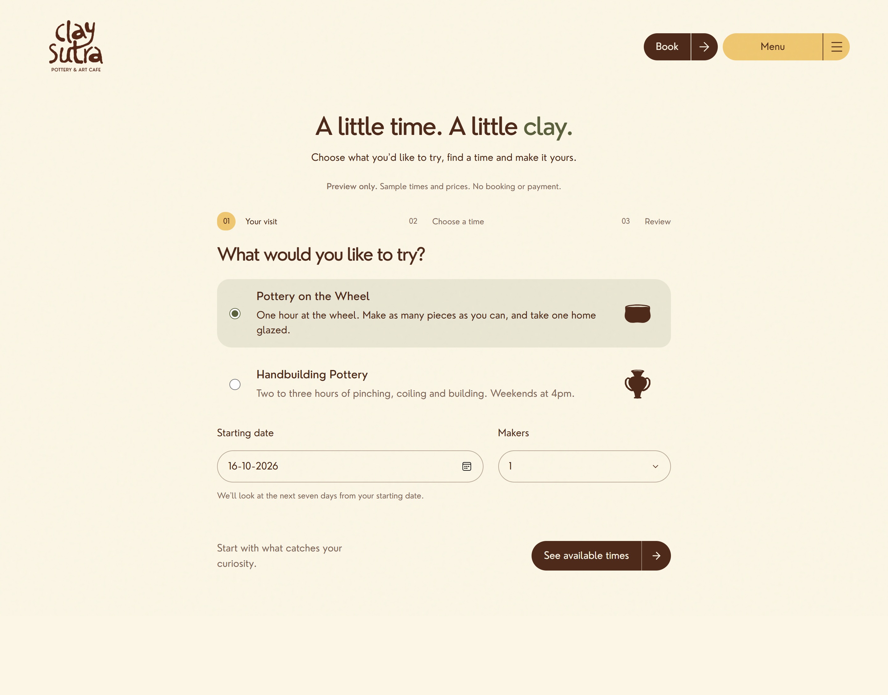 Claysutra's complete booking interface, with experience selection, number of makers and a date picker