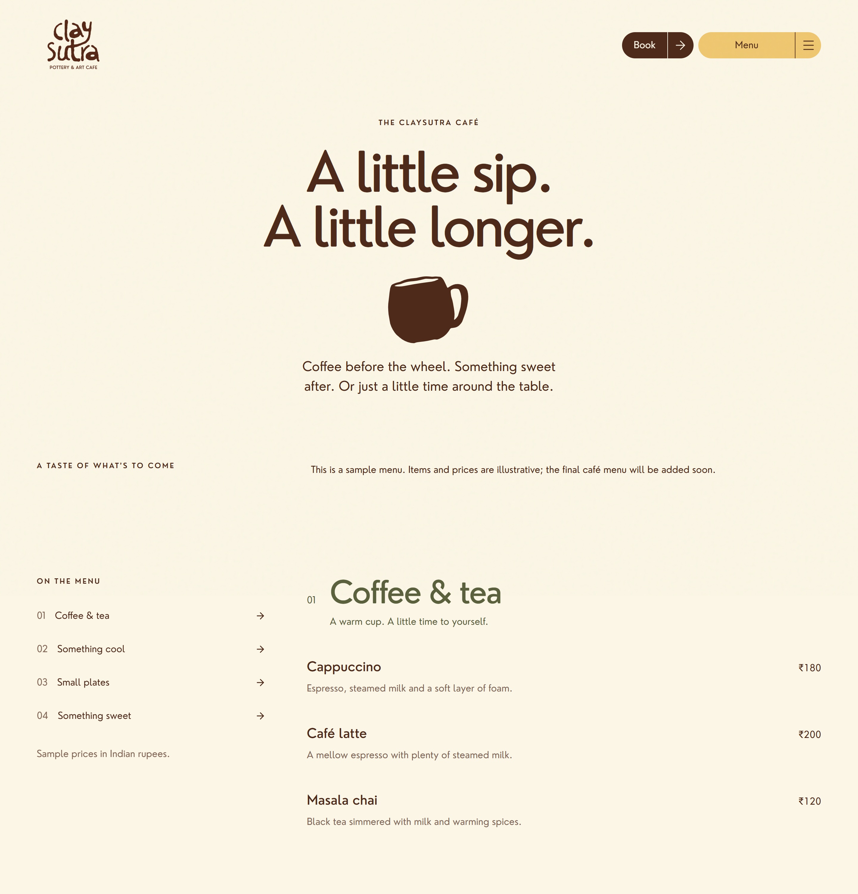 The café menu introduction and complete first menu category, with sample pricing