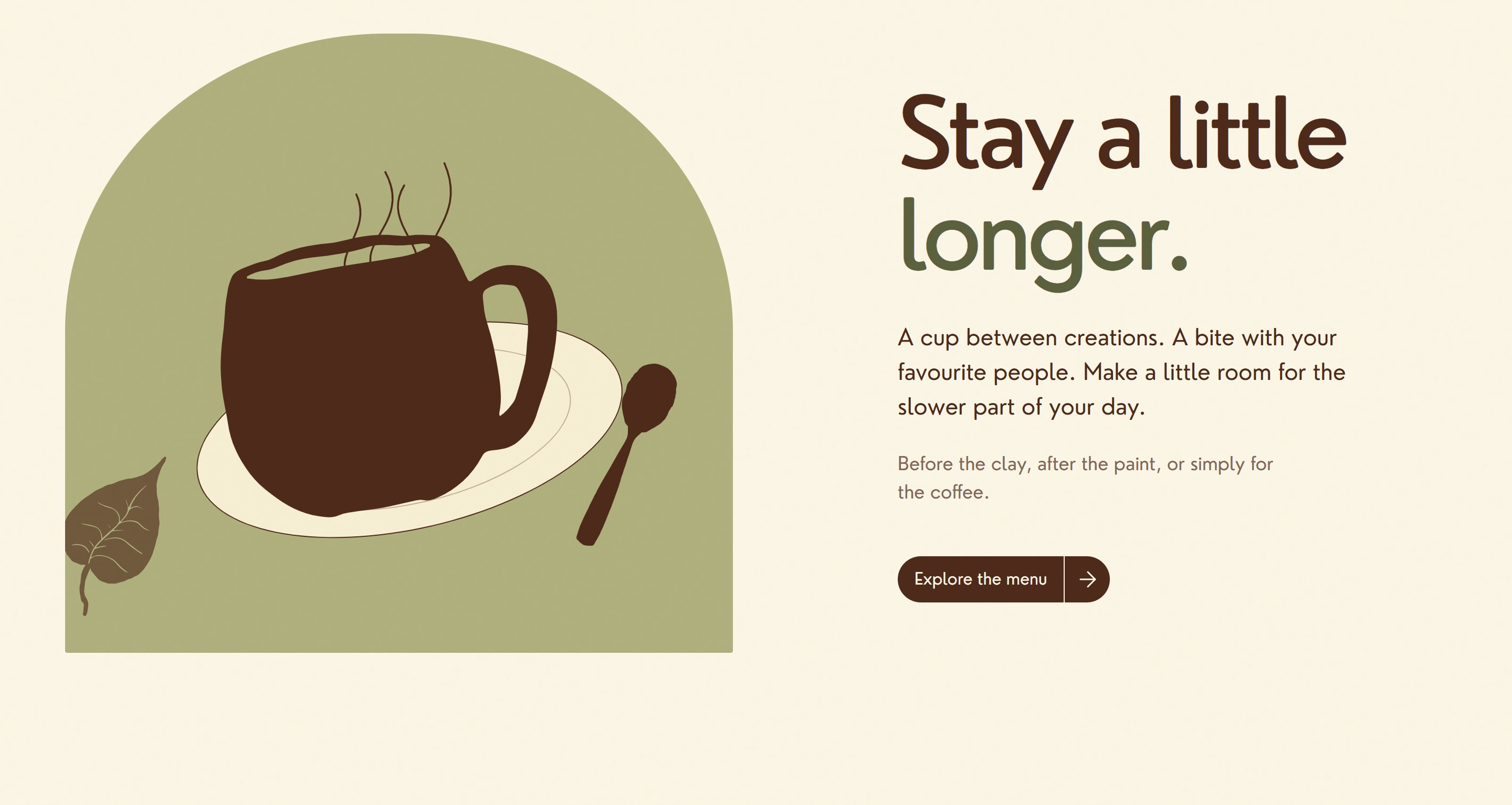 Claysutra's café section with its illustrated coffee mug and invitation to stay