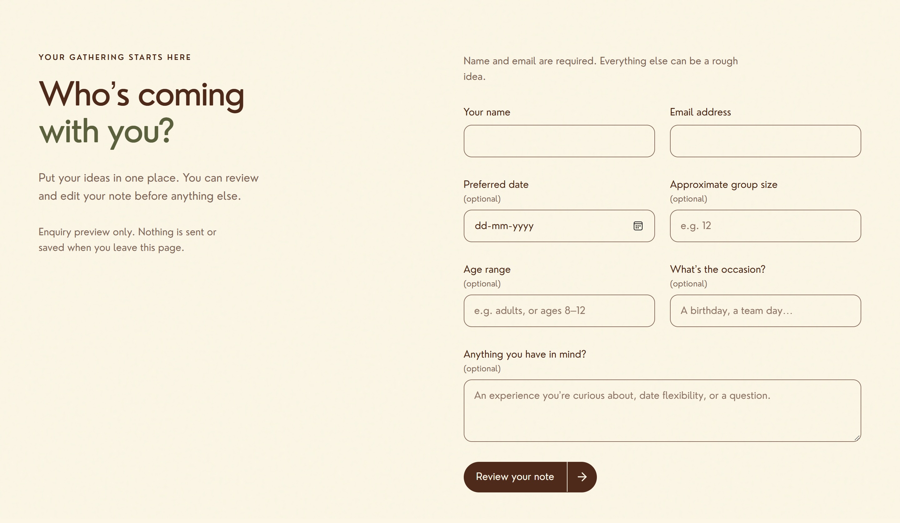 The complete Claysutra events enquiry section with the group gathering form and its review action