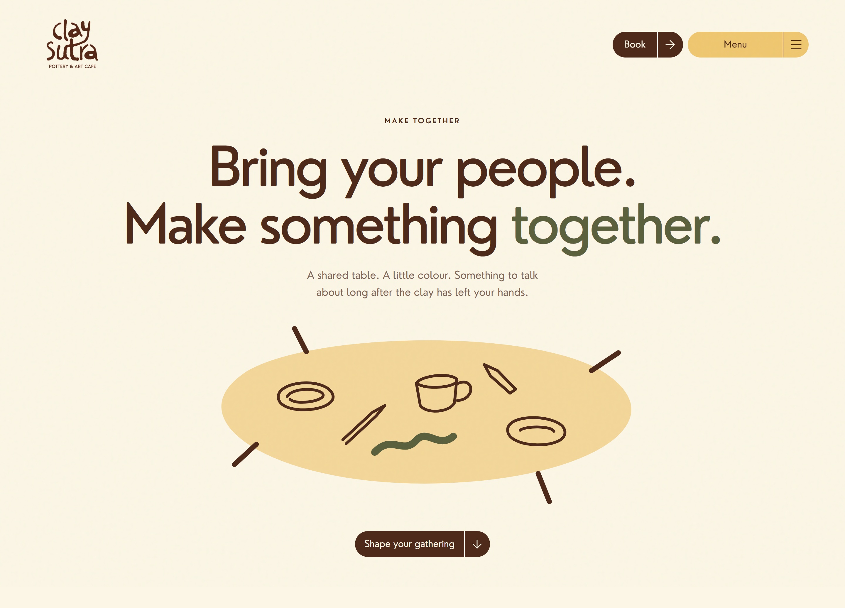 Claysutra's group events page with its shared table illustration and gathering invitation