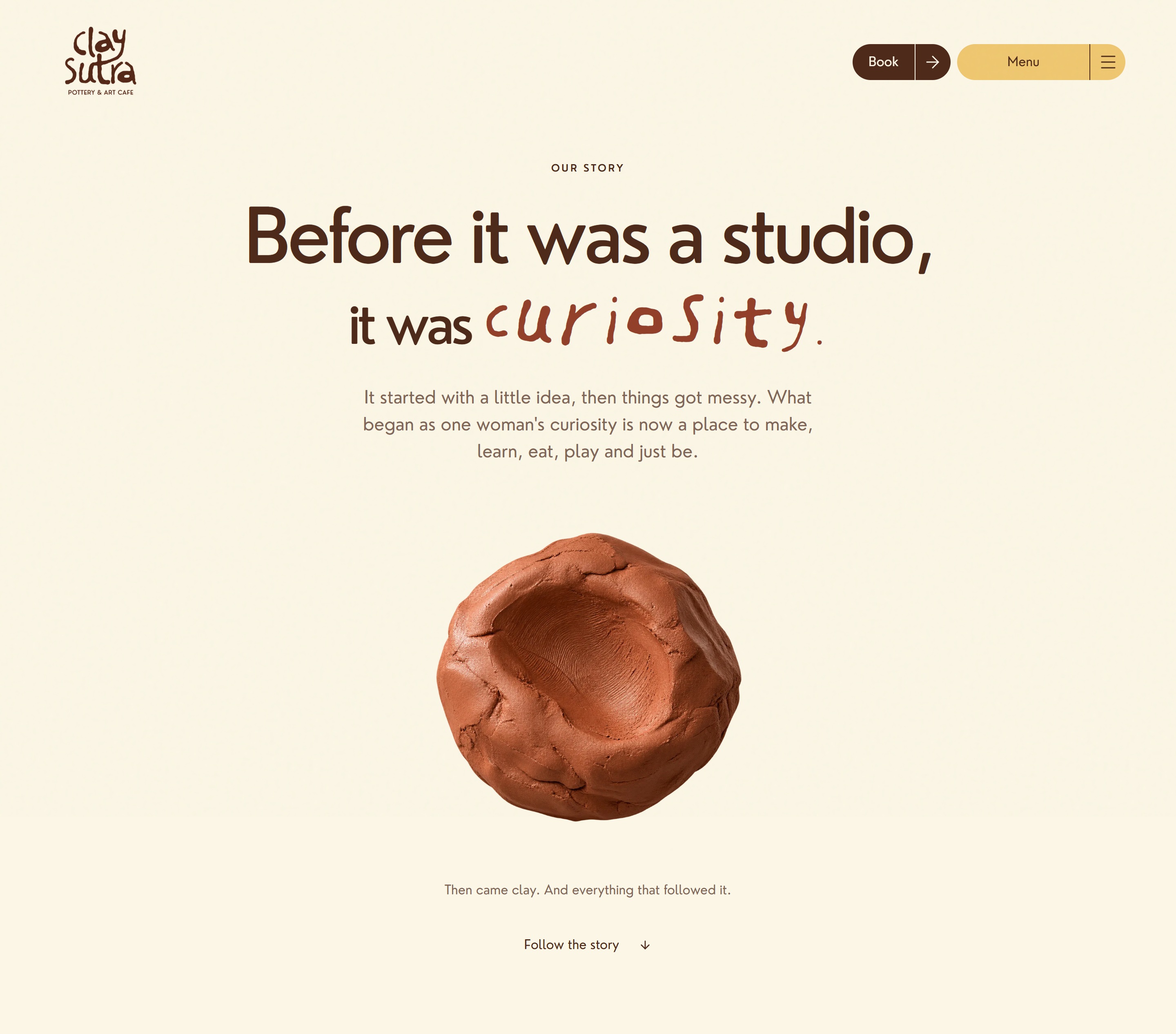 The Claysutra story page, with its complete opening composition and terracotta clay study