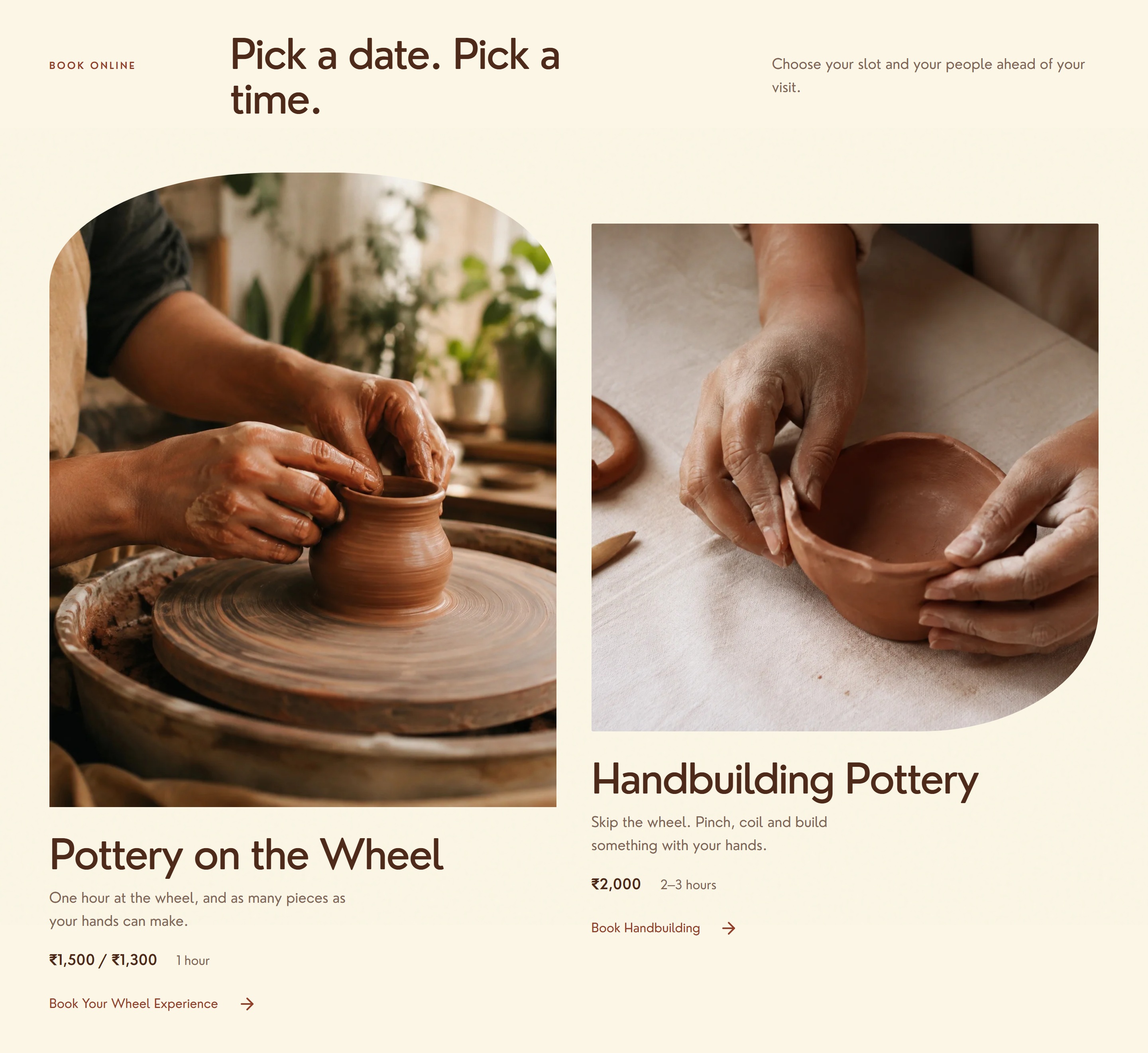 A complete group of Claysutra workshop cards with activity details and booking links